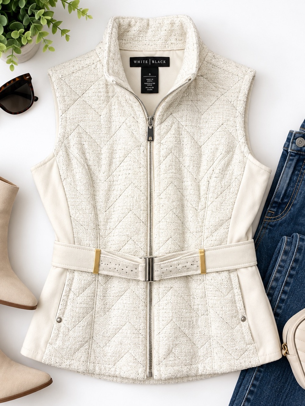 White House | Black Market Ivory Textured Belted Vest – Size S